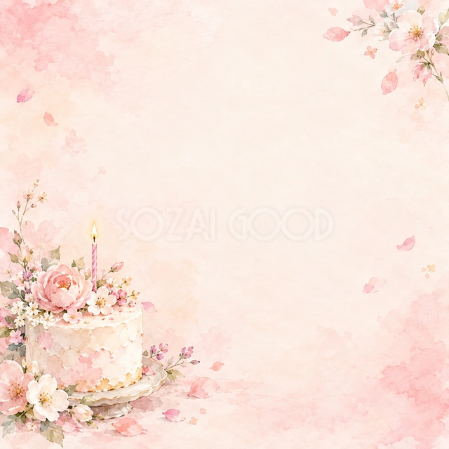 淡い花びらと誕生日ケーキの正方形背景です