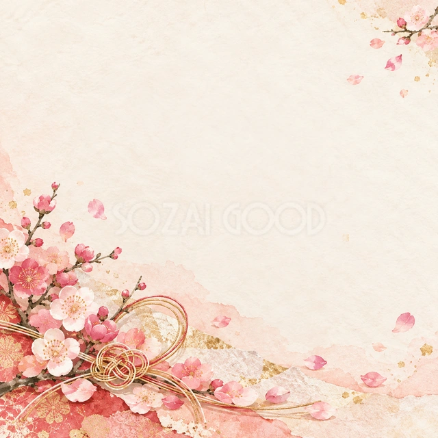 梅の花びらと和紙の正方形背景です