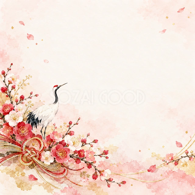 梅の花束と水引の正方形背景です