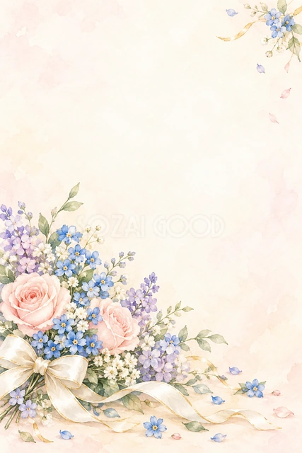 青い小花と白いリボンの縦長背景です