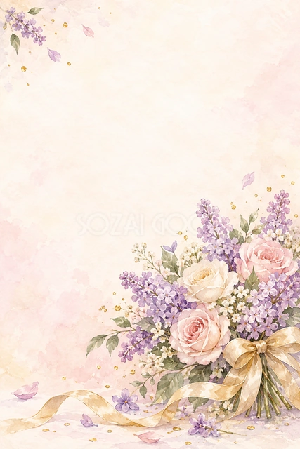 藤色の花束と金の粒の縦長背景です