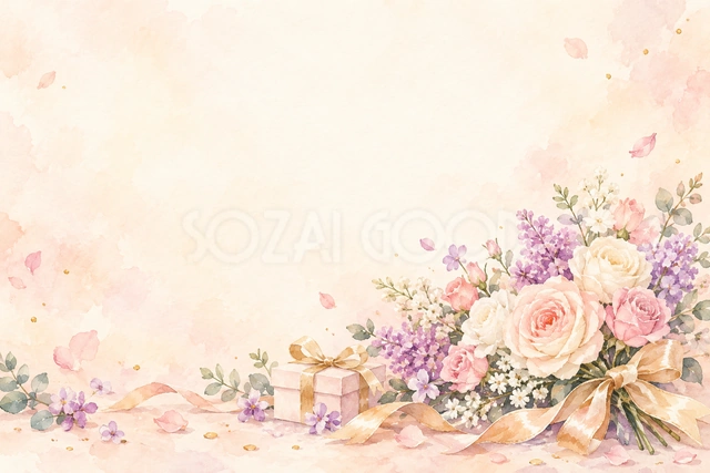 淡い花びらと花束の横長背景です
