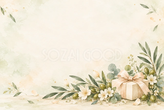 オリーブとクリーム色の花の横長背景です