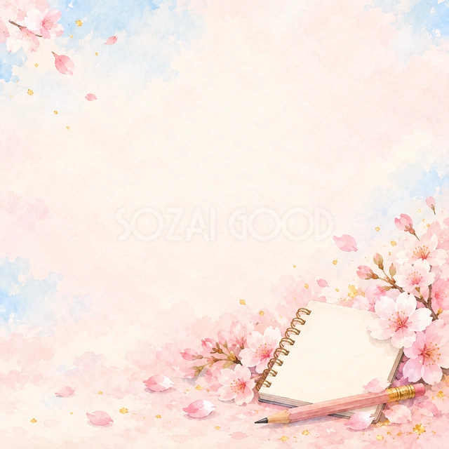 桜と小さな鉛筆の正方形背景です