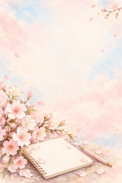 桜の枝と白いノートの縦長背景です