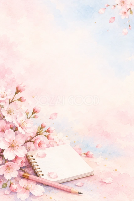 桜と鉛筆と白いノートの縦長背景です