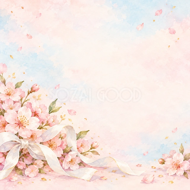 桜の花びらと白いリボンの正方形背景です