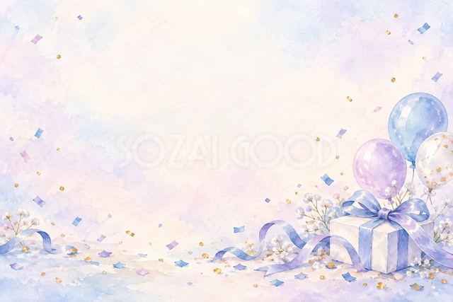 青と紫のやさしい紙吹雪の横長背景です