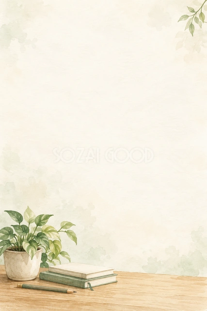 緑の葉と木の机の縦長背景です