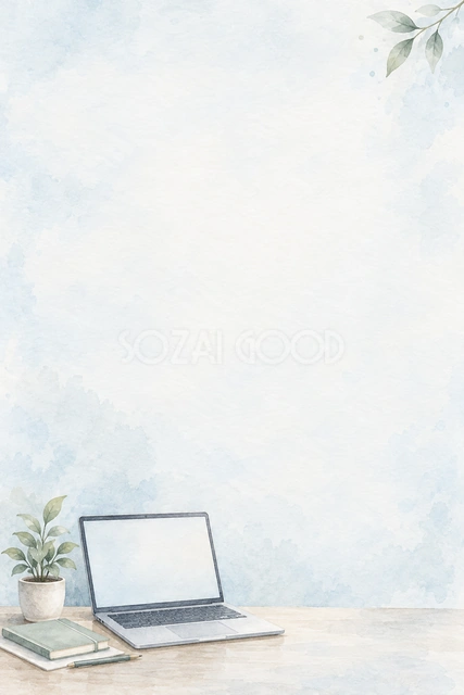 パソコンと小さな鉢植えの縦長背景です