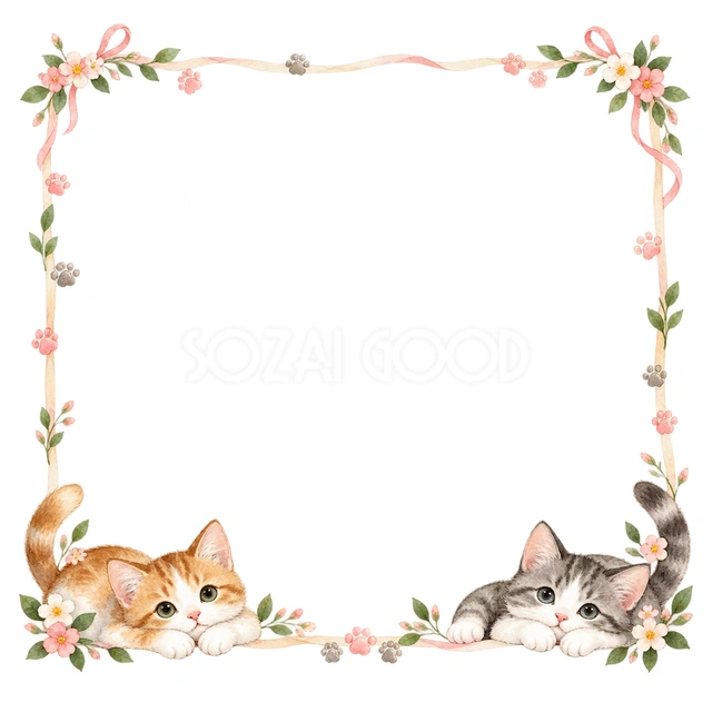 やさしい水彩の猫・下辺でくつろぐ猫の猫フレームです