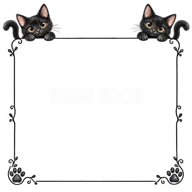 白黒の猫と肉球・四隅からのぞく猫の猫フレームです