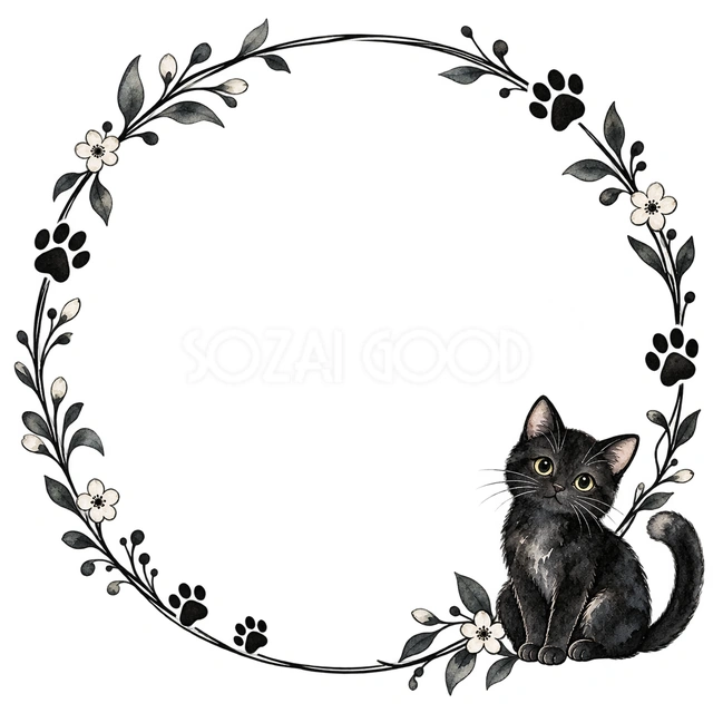 白黒の猫と肉球・猫と肉球の丸枠の猫フレームです