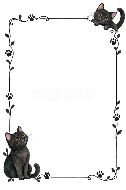 白黒の猫と肉球・左右に猫を添えた縦枠の猫フレームです
