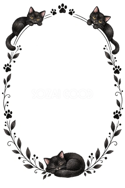 白黒の猫と肉球・猫と肉球の楕円枠の猫フレームです