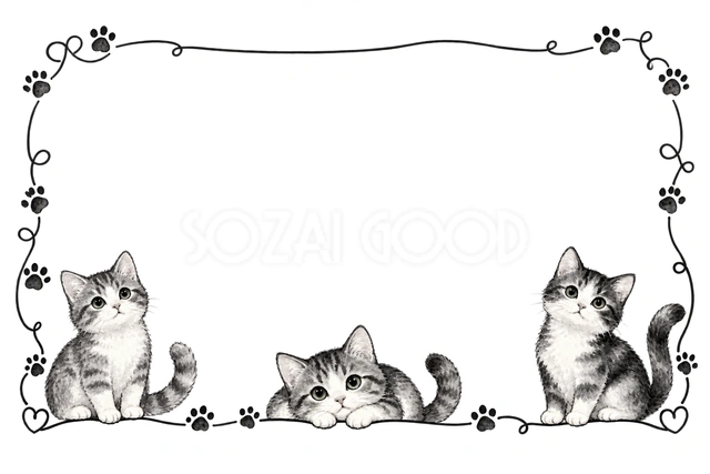白黒の猫と肉球・猫が並ぶ横枠の猫フレームです