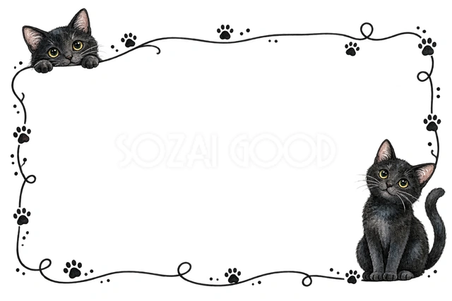 白黒の猫と肉球・対角に猫を添えた横枠の猫フレームです