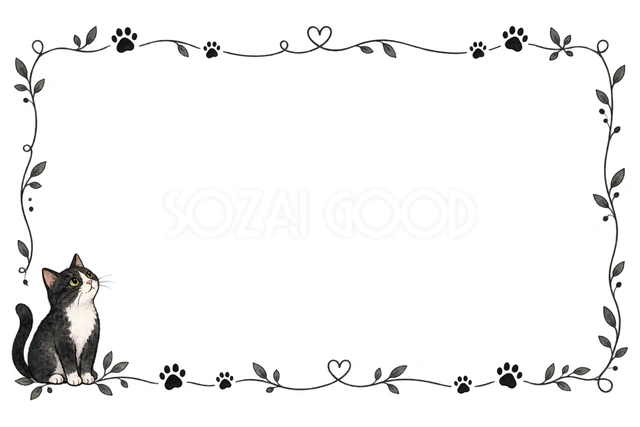白黒の猫と肉球・猫の足あとが続く横枠の猫フレームです