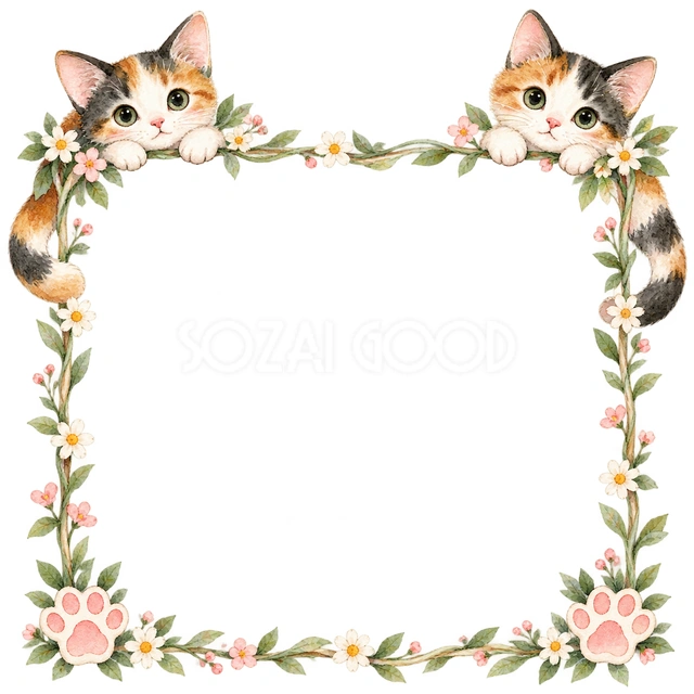 三毛猫と小花・四隅からのぞく猫の猫フレームです