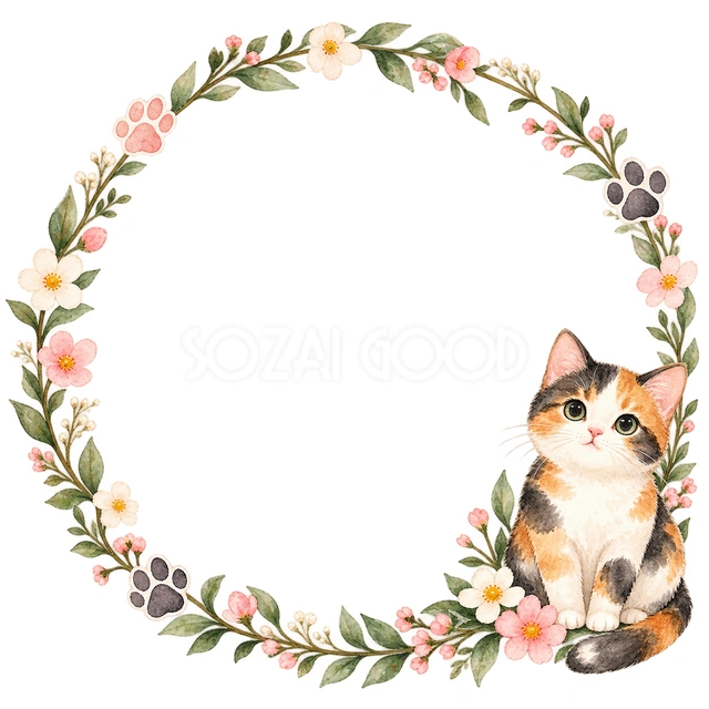 三毛猫と小花・猫と肉球の丸枠の猫フレームです