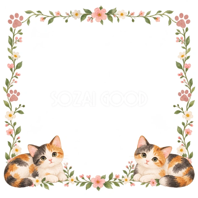 三毛猫と小花・下辺でくつろぐ猫の猫フレームです