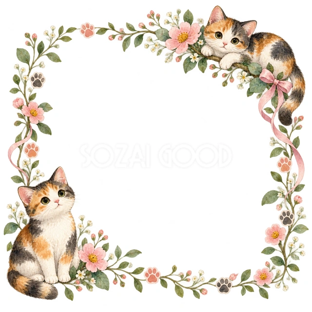 三毛猫と小花・片隅に猫を添えた枠の猫フレームです