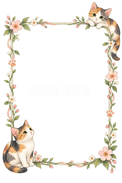 三毛猫と小花・左右に猫を添えた縦枠の猫フレームです