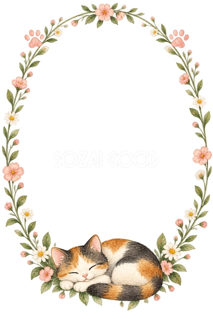 三毛猫と小花・猫と肉球の楕円枠の猫フレームです