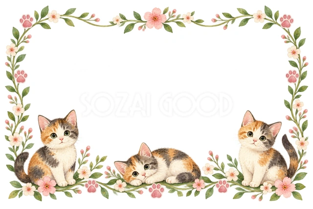 三毛猫と小花・猫が並ぶ横枠の猫フレームです