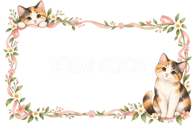 三毛猫と小花・対角に猫を添えた横枠の猫フレームです