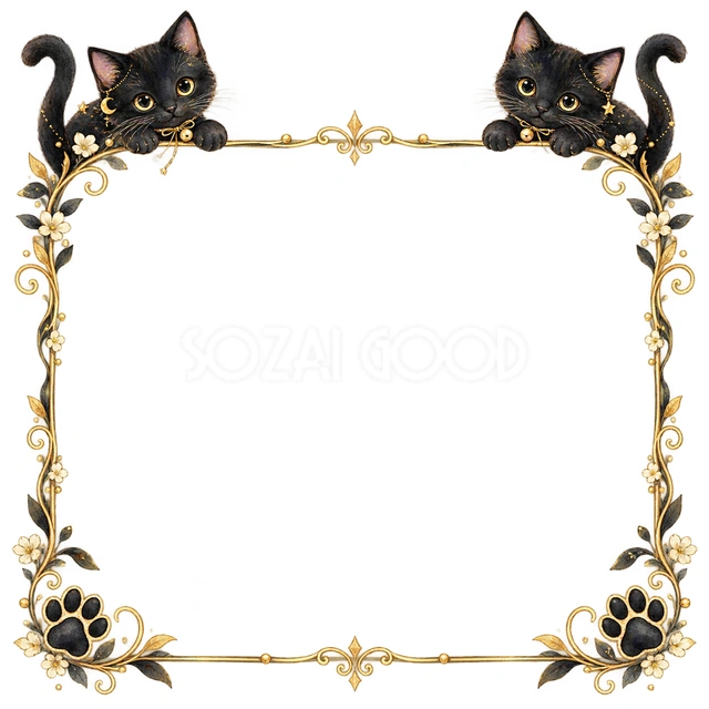 黒猫と金の線・四隅からのぞく猫の猫フレームです