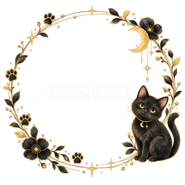 黒猫と金の線・猫と肉球の丸枠の猫フレームです