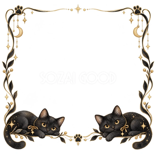 黒猫と金の線・下辺でくつろぐ猫の猫フレームです