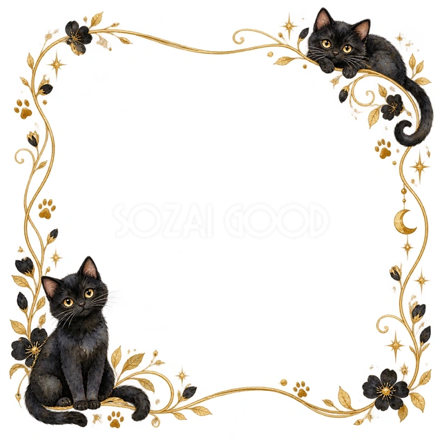黒猫と金の線・片隅に猫を添えた枠の猫フレームです