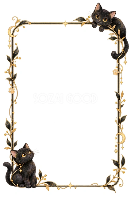 黒猫と金の線・左右に猫を添えた縦枠の猫フレームです