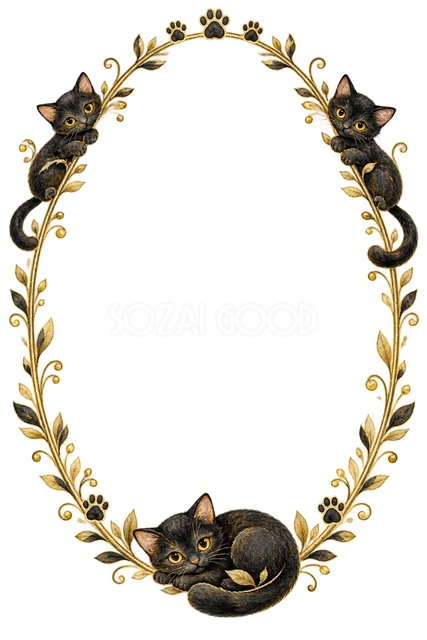 黒猫と金の線・猫と肉球の楕円枠の猫フレームです