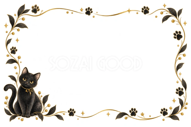 黒猫と金の線・猫の足あとが続く横枠の猫フレームです
