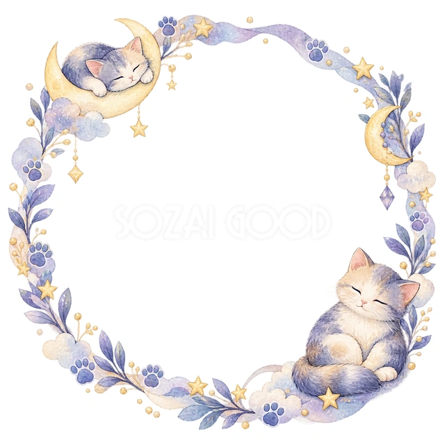 眠る猫と星・猫と肉球の丸枠の猫フレームです