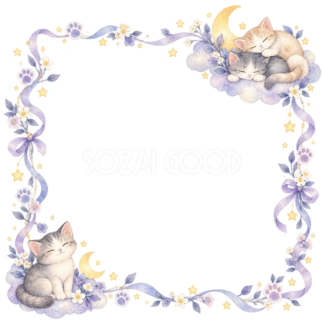 眠る猫と星・片隅に猫を添えた枠の猫フレームです