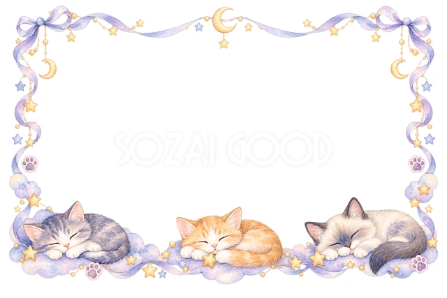 眠る猫と星・猫が並ぶ横枠の猫フレームです