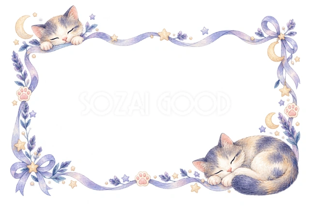 眠る猫と星・対角に猫を添えた横枠の猫フレームです