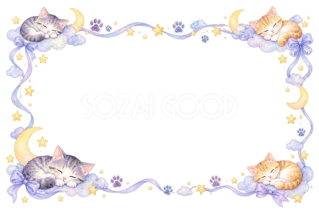 眠る猫と星・猫の足あとが続く横枠の猫フレームです