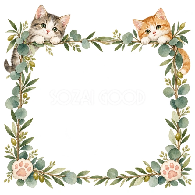 猫と緑の葉・四隅からのぞく猫の猫フレームです