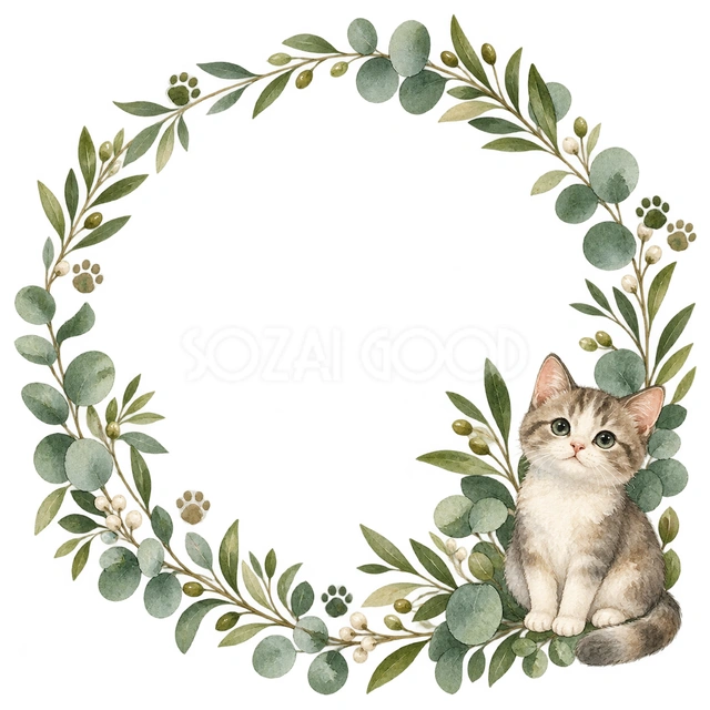 猫と緑の葉・猫と肉球の丸枠の猫フレームです