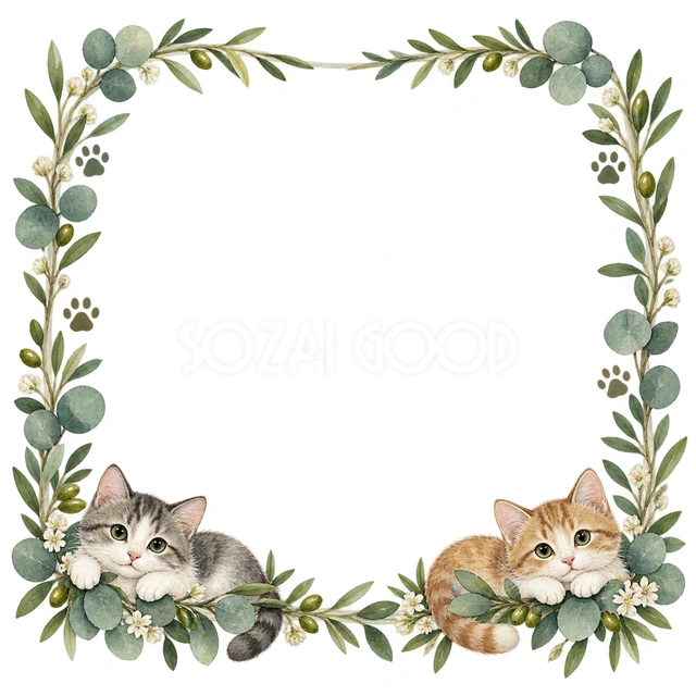 猫と緑の葉・下辺でくつろぐ猫の猫フレームです