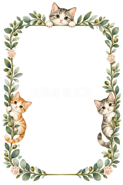 猫と緑の葉・上からのぞく猫の縦枠の猫フレームです