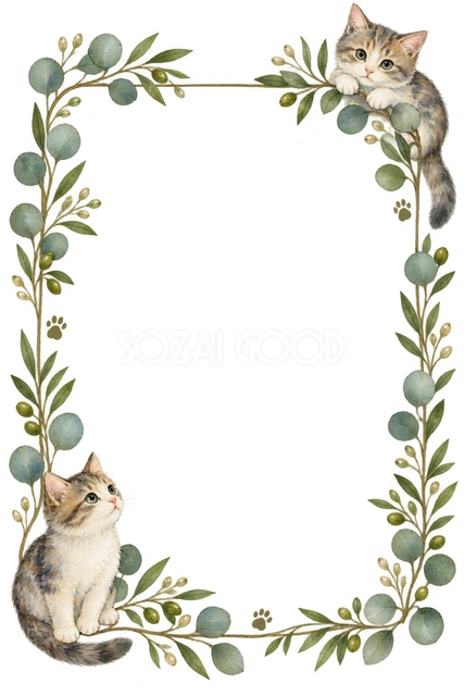 猫と緑の葉・左右に猫を添えた縦枠の猫フレームです