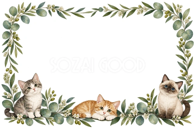 猫と緑の葉・猫が並ぶ横枠の猫フレームです