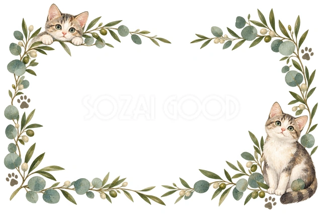 猫と緑の葉・対角に猫を添えた横枠の猫フレームです