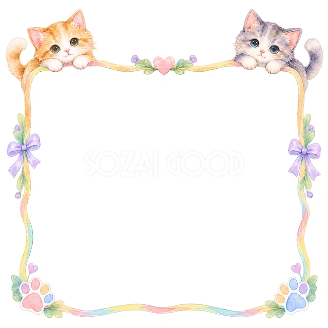 淡色の子猫と肉球・四隅からのぞく猫の猫フレームです